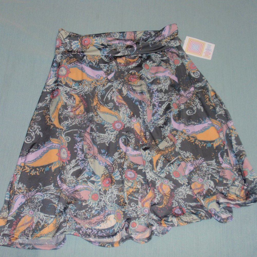 Lularoe Azure Grey Floral Partern Skirt Foldover Waist Stretchy Size